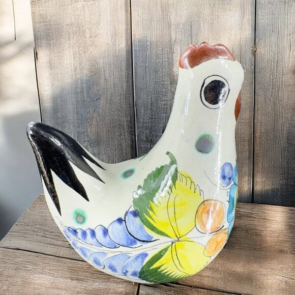 VTG Tonala Mexico Folk Art Pottery Chicken Rooster Hand Painted Figurine Signed - Picture 1 of 13